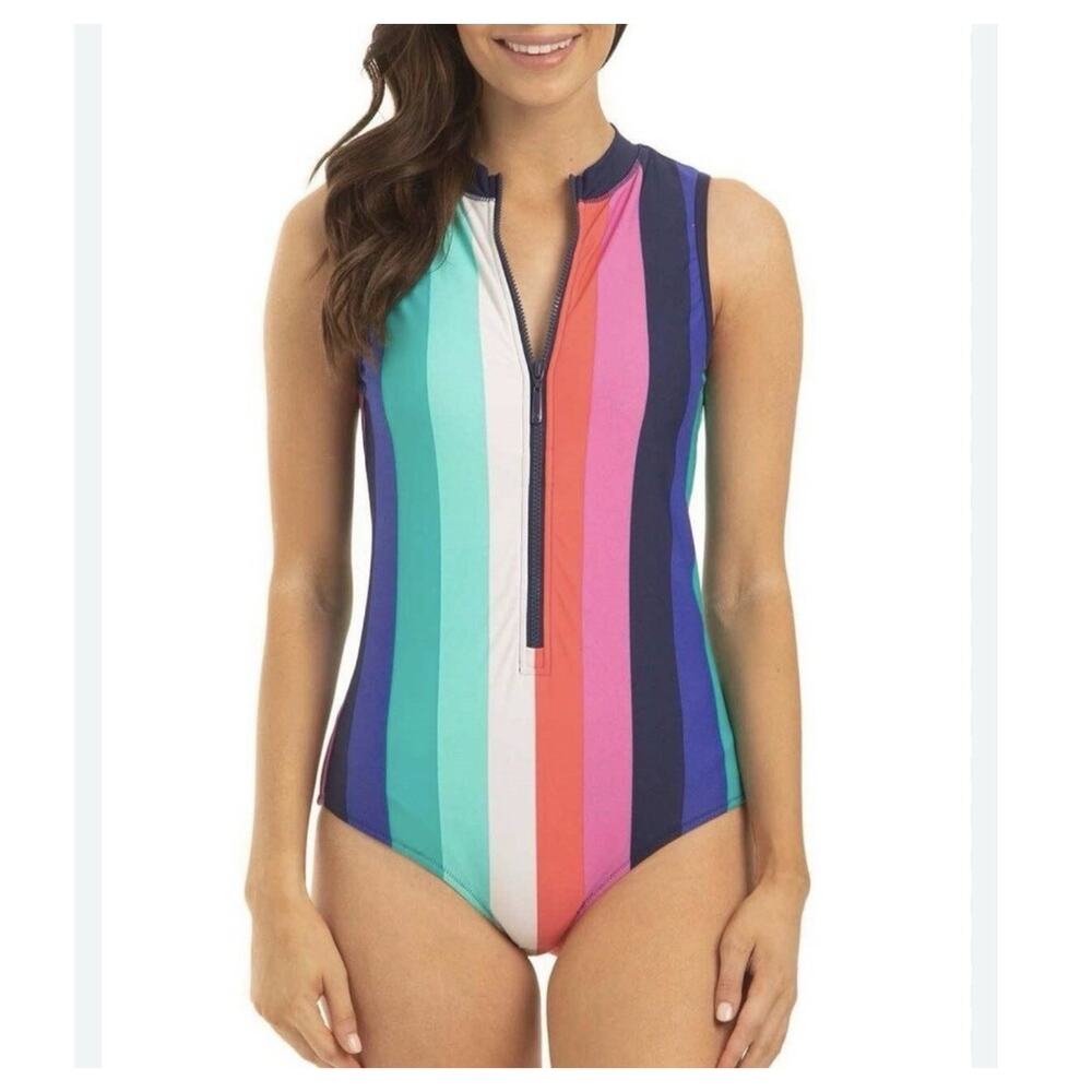 Cabana Life Swimsuit Size L Multicolor Color Block Vertical Stripe Unisuit Zip